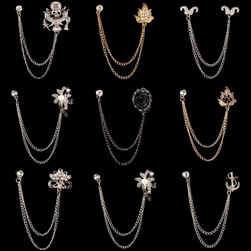 

Pins, Brooches Fashion Pearl Flower Brooch Alloy Rhinestones Tassel Chain Lapel Pin Beard Suit Shirt Collar For Women Men Jewelry
