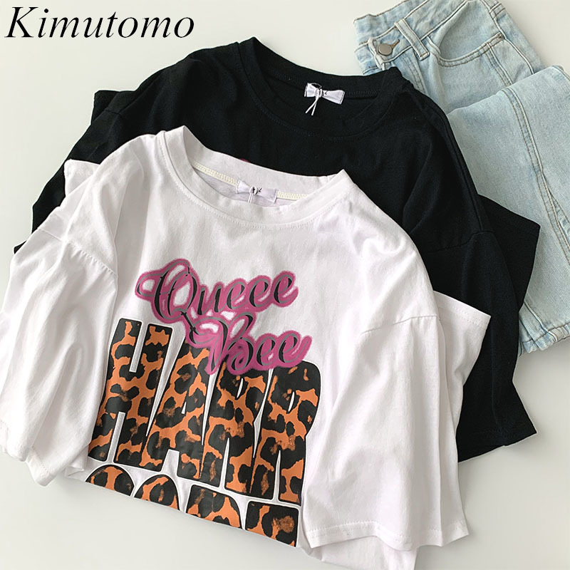 

Kimutomo Casual Chic Print T-shirt Lady Korean Fashion All Matching Loose Short Sleeve O Neck Long Top Summer Streetwear Female 210521, White