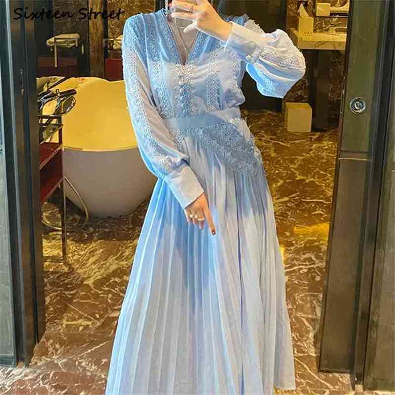 

Vintage Blue Dresses for Woman V-neck High Waist Maxi Vestido Long Sleeve Runway Elegant Party Dress Female 210603, Gray