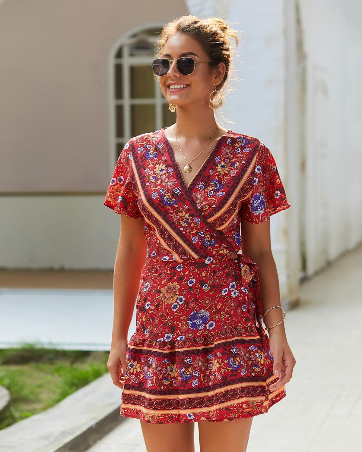 

womens dress women dresses summer autumn floral printing knee length v neck short sleeve ruffle bohemia female, Black;gray