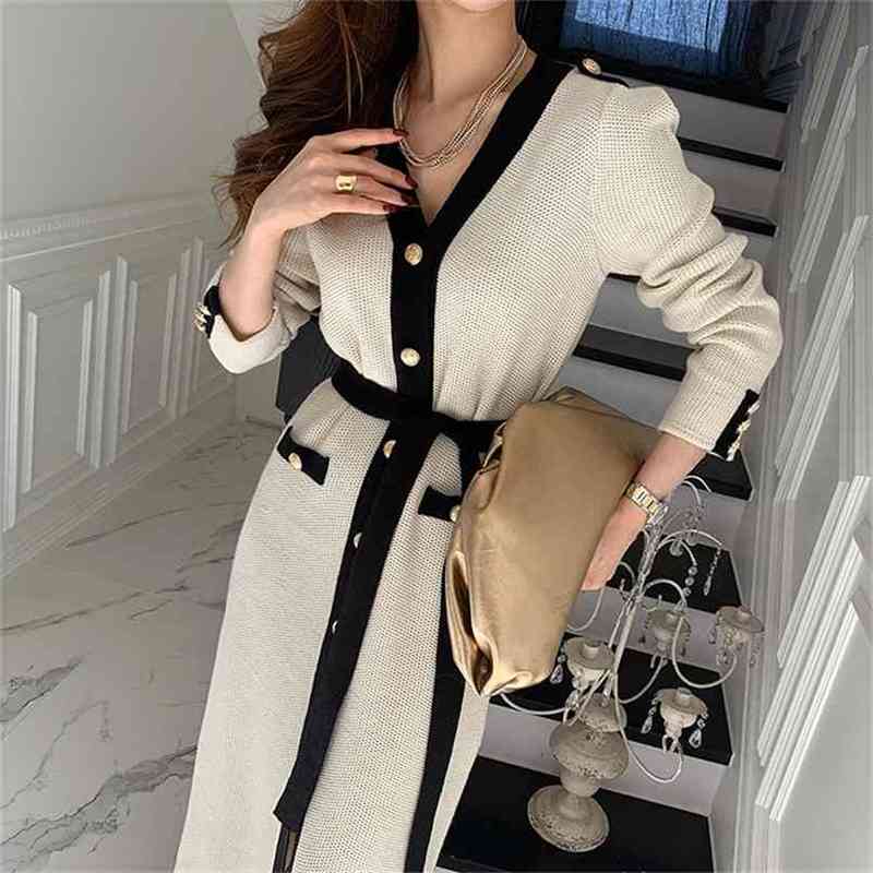 

Chic Strap Waist Knit Dress Woman Single-breasted Cloth V-neck Korean Vestidos Mujer Spring Dresses Female 210603