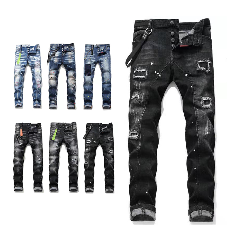 

Designer Jeans pants men hip-hop pant Ripped high street fashion brand retro torn fold stitching men's designers motorcycle riding slim pants, Blue