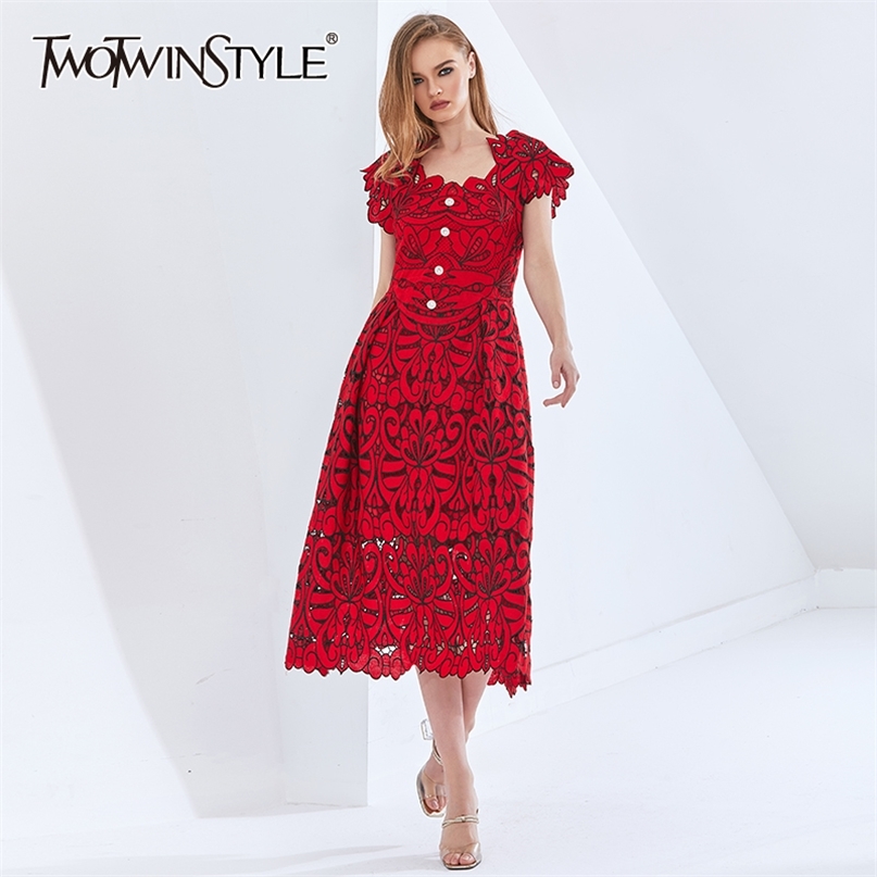 

Vintage Print Women's Dress Square Collar Short Sleeve High Waist White Dresses Female Clothing Autumn 210520, Red