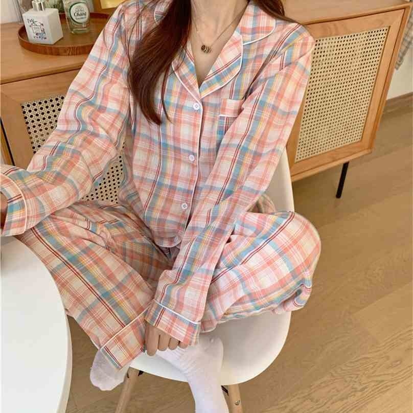 

Plaid Cotton Fashion Long Sleeve Sleepwear Girls Geometric Sweet Lovely Loose Pajamas Women Home Wear Suits 210525, Khaki