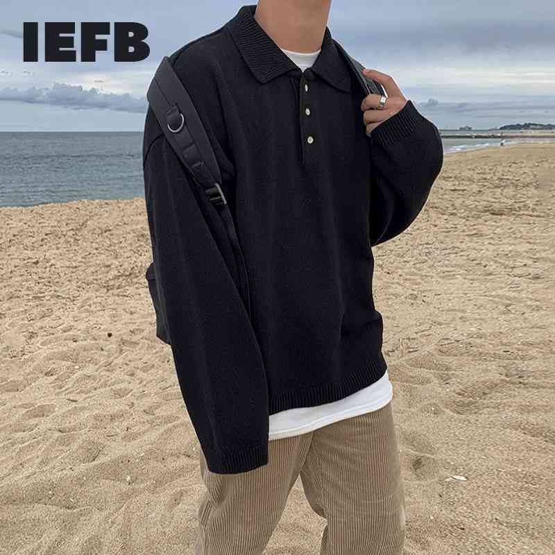 

IEFB autumn men's polo collar lightweight sweater men's loose Korean fashion kintwear long sleeve oversized clothes male 9Y4511 210524, Black