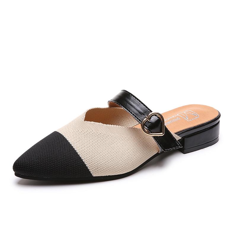 

Slippers Women Mesh Mules Female Fashion Heart Low Heels Shoe Pointed Toe Mix Color Woman Slipper Casual Shoes, Beige