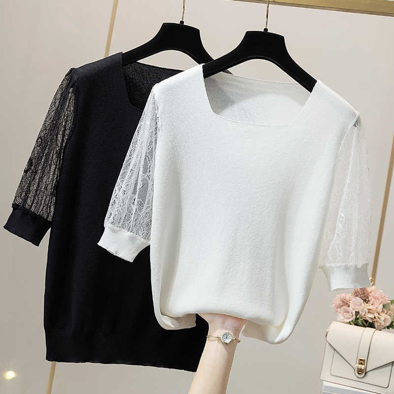 

L-4XL large size women lace Patchwork sweater pullover short sleeve square collar loose casual Oversized thin sweaters top 210604, White