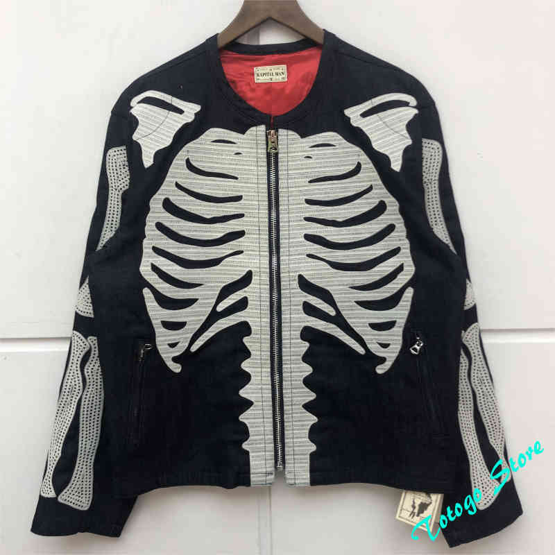 

2020FW Hip-Hop Full Bone Embroidery KAPITAL Bomb Jacket Men Women 1:1 Best Quality Autumn Winter Zip Sleeves Denim Coat C0325, Black