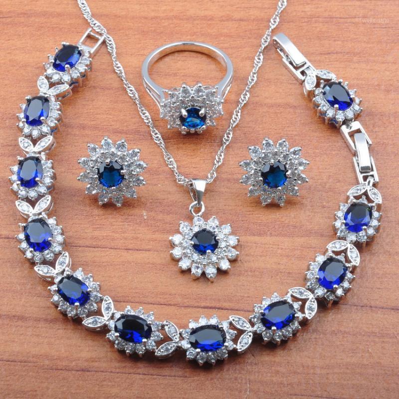 

Earrings & Necklace Silver Color Jewelry Sets Bridal Wedding Jewelrry For Women Blue Cubic Zirconia Bracelet And Ring JS0152, As pic