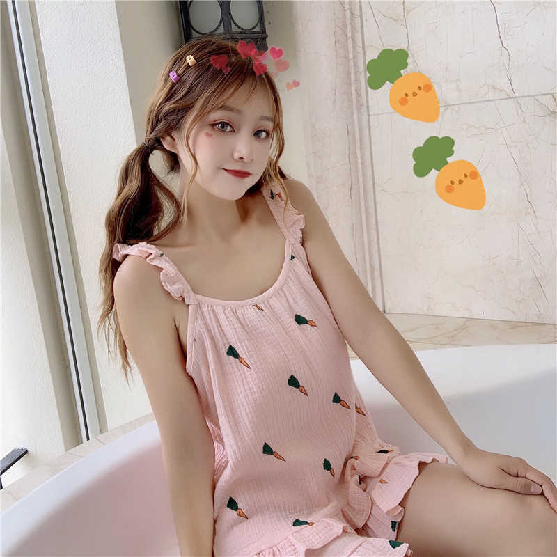Women&#039;s Sleepwear Summer Sleep Tops And Shorts Sets For Women Korean Kawaii Soft Girls Carrot Print Frilly Pijamas Set Cotton cami-image-702461628