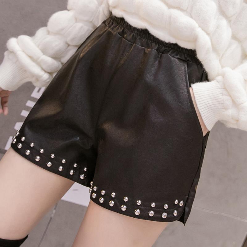

Women' Shorts 2021 Autumn PU Leather Women Loose Winter Streetwear Rivet Black High Waist Wide Leg Casual Elastic Clothes Female