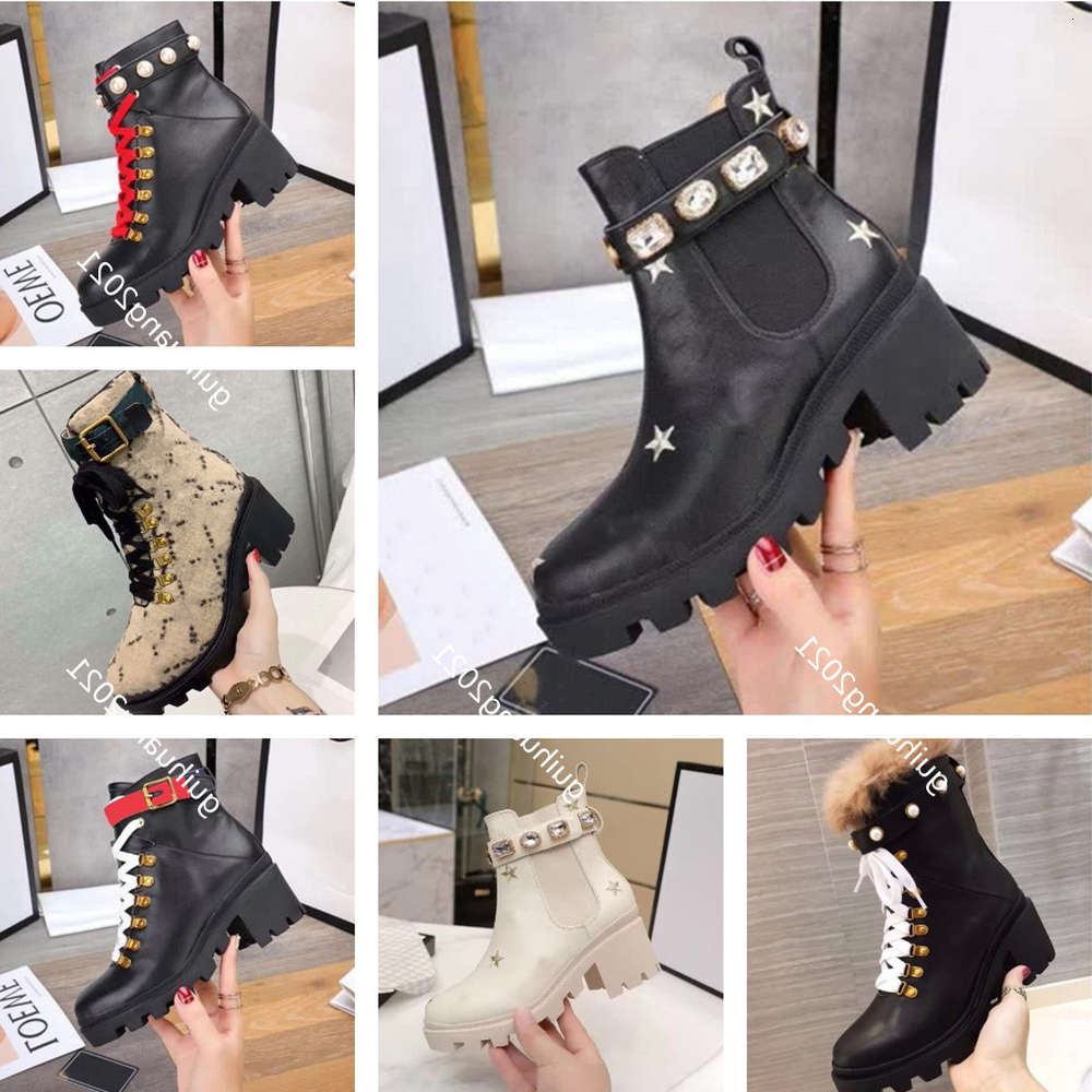 

Classic Leather Thick-soled Desert Boots White Bee Trail Lace-up Winter Ladies High Heel Shoelace Box NBZW YLIX, Black