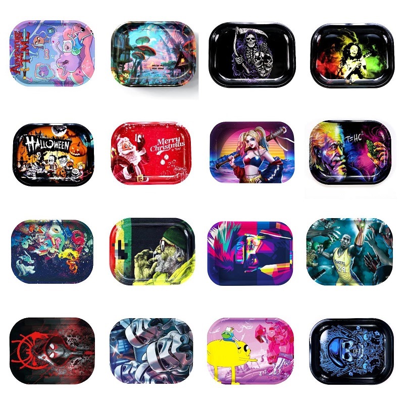 

50+ styles 18*14cm smoking rolling tray with magnetic lid Tobacco storage trays cigarette metal cartoon smoke tinplate plate