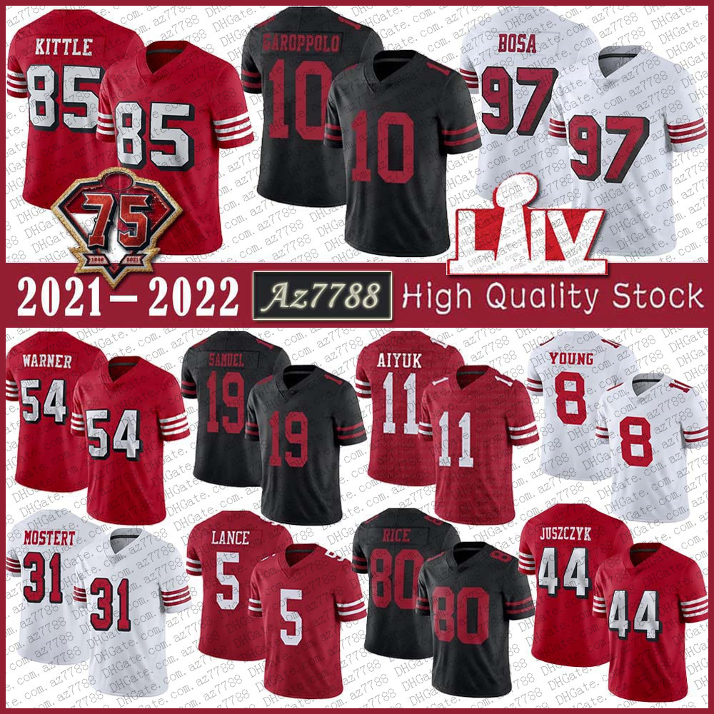 

85 George Kittle 97 Nick Bosa San Football Jersey Francisco 5 Trey Lance Fred Warner Brandon Aiyuk Jimmy Garoppolo Deebo Samuel Raheem Moste, Black;red