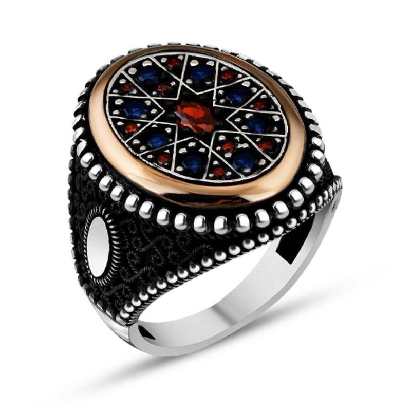 

Men Silver Ring With Mini Blue Red Zircon Stone Modern Gifts Made In Turkey Solid 925 Sterling Cluster Rings