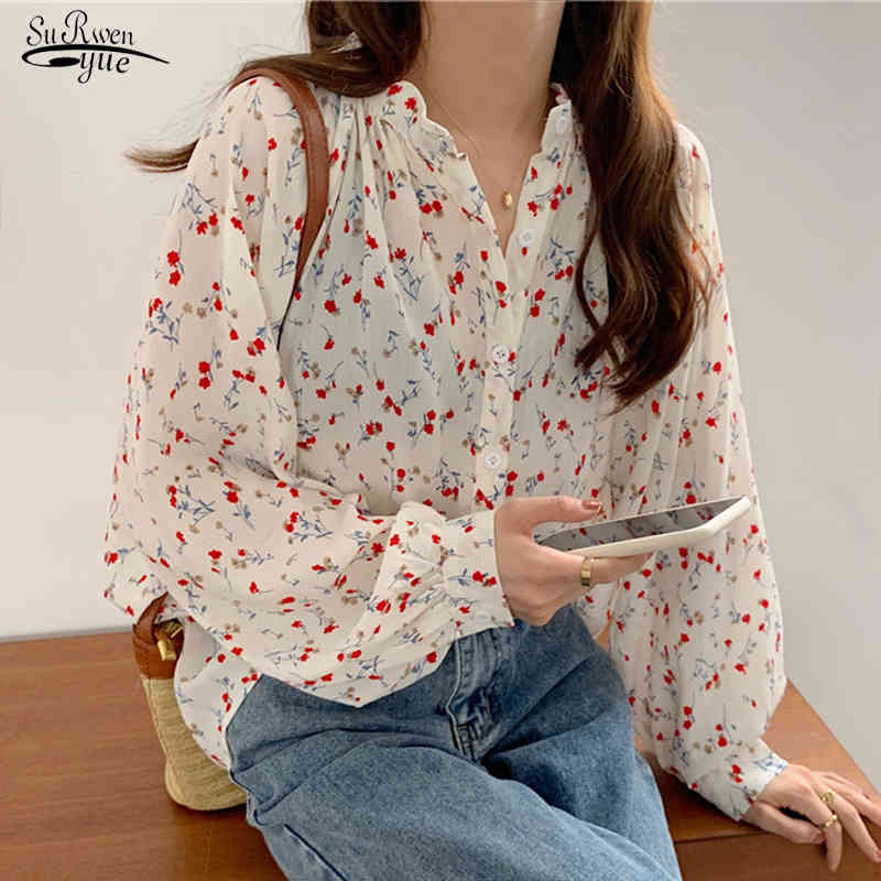 

Autumn Puff Sleeve Floral Print Women Shirts Casual Plus Size Loose Chiffon Blouse Women Cardigan Ladies Tops Blusas 10316 210518, Black
