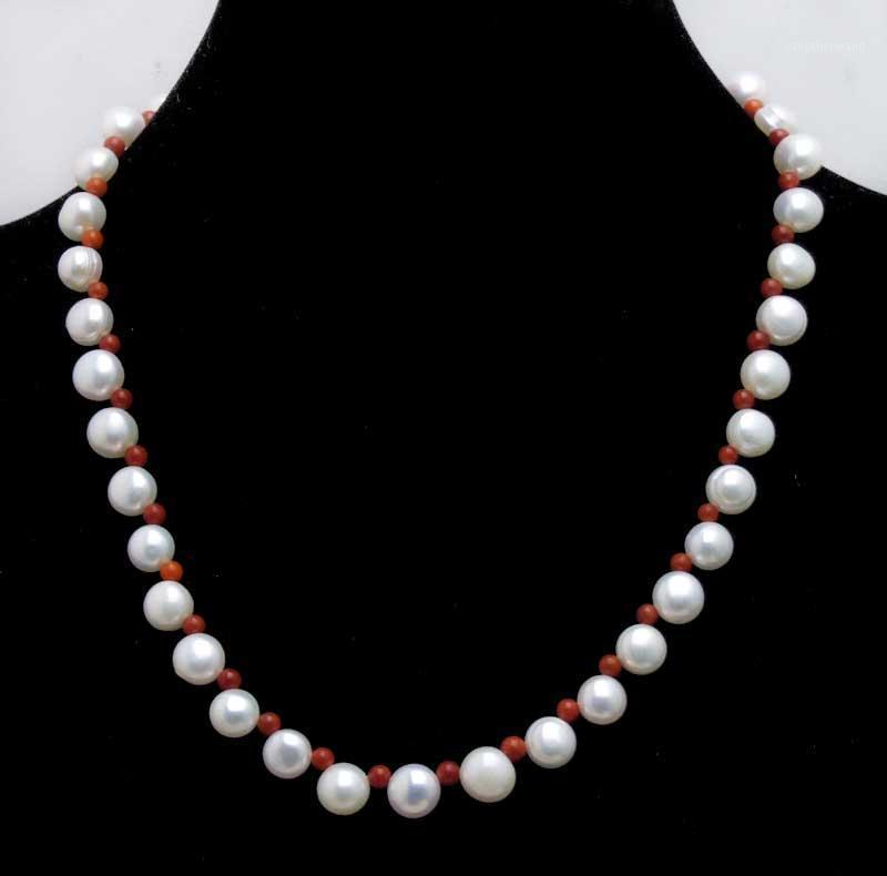 

Qingmos 7-8mm Flat Round Side Drilled Natural White Pearl Necklace With 3-4mm Pink Coral 17'' Chokers Jewelry Chains