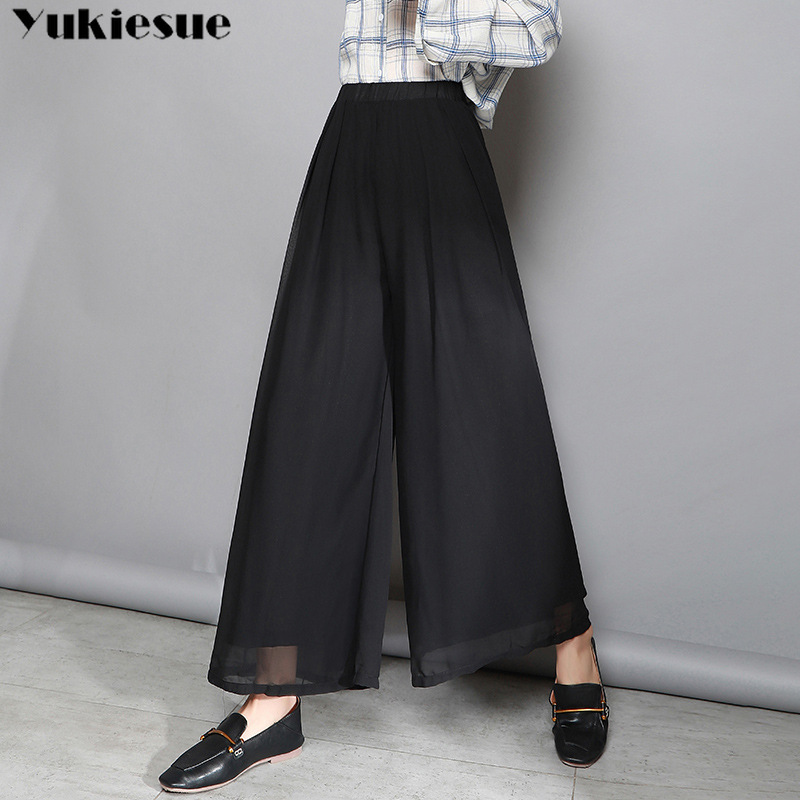 

streetwear summer pleated women's pants female high waist chiffon wide leg pants capris for women trousers woman Plus size 210519, Black