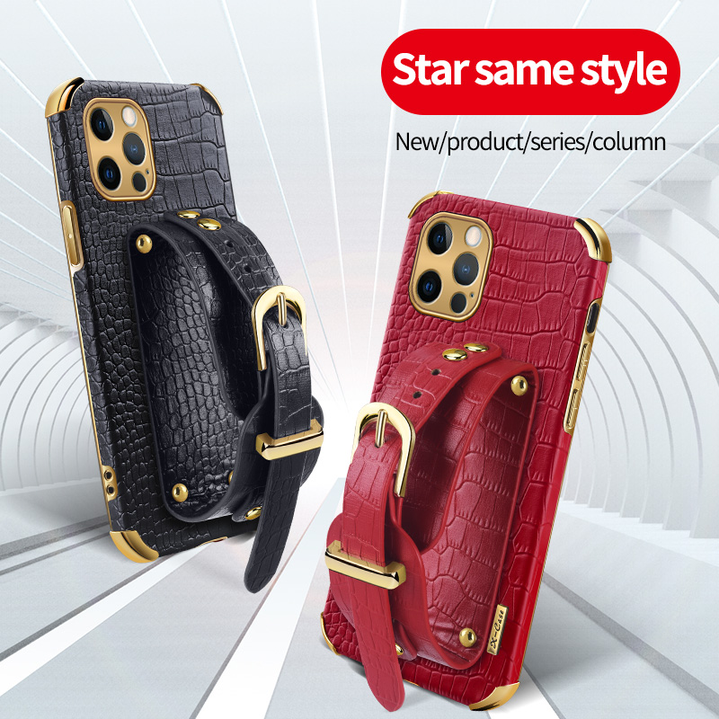 

Luxury Business Leather Crocodile Texture Cover Phone Cases holder Wallet case Wristband bracket For iPhone 13 12 11 mini Pro Max Xs Xr Retail, Black