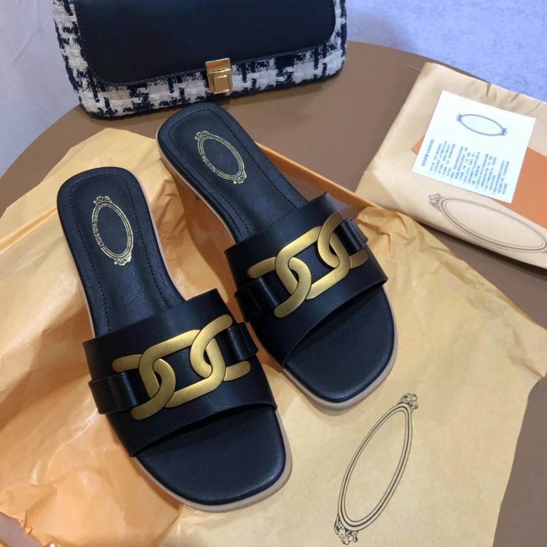 

2021 Beach Slippers Women Fashion Designers Flat Slides Flip Flops Low Heels Designer Sandals Genuine Leathe shoes, Black