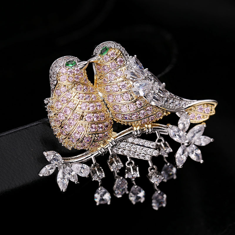 

Cubic Zirconia 24 K Gold Plated Pin - Love Bird CZ Brooch