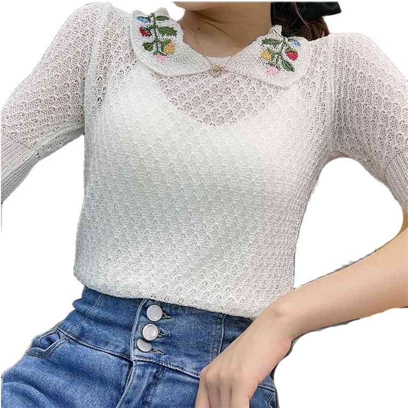 

Embroidered short thin knit sweater summer style hundred Korean fashion short-sleeved knitted top women's clothing 210520, Sky blue