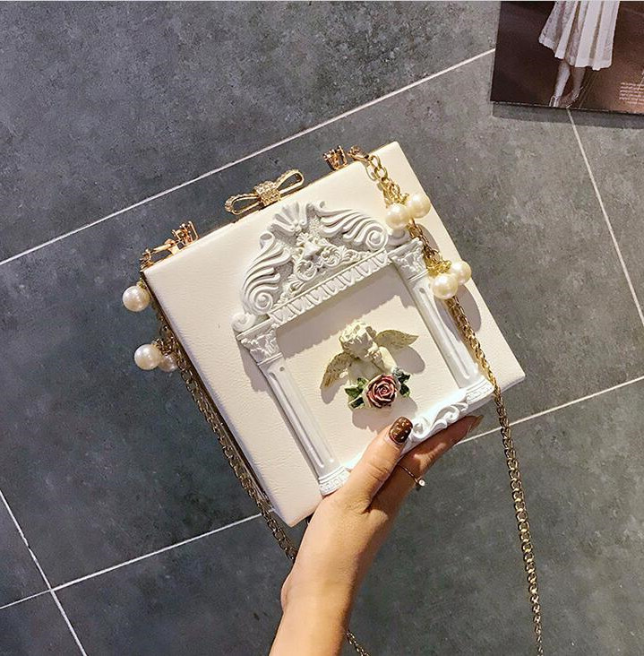 

Factory wholesale womens leathers messenger bags sweet and lovely carved angel chain bag street trend shaping hard box leather handbag elegant Pearl women handbags, White3-1009(boutique box)