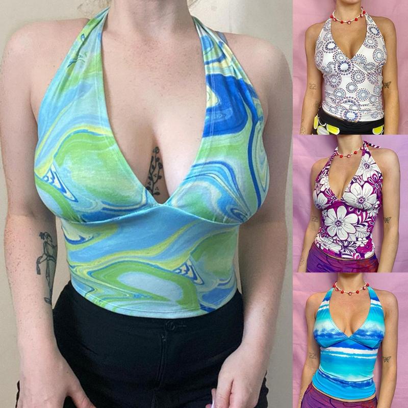 

Women's Tanks & Camis Women Summer Sexy Halter Bandage Tank Top Deep V-Neck Backless Slim Vest Boho Floral Printed Casual Sleeveless Shirts, White