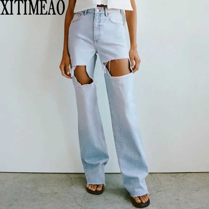 

Za High Waist Loose Comfortable Blue Jean Fashionable Casual Straight Pants Beggar's with holes Xitimeao 210604, Light blue
