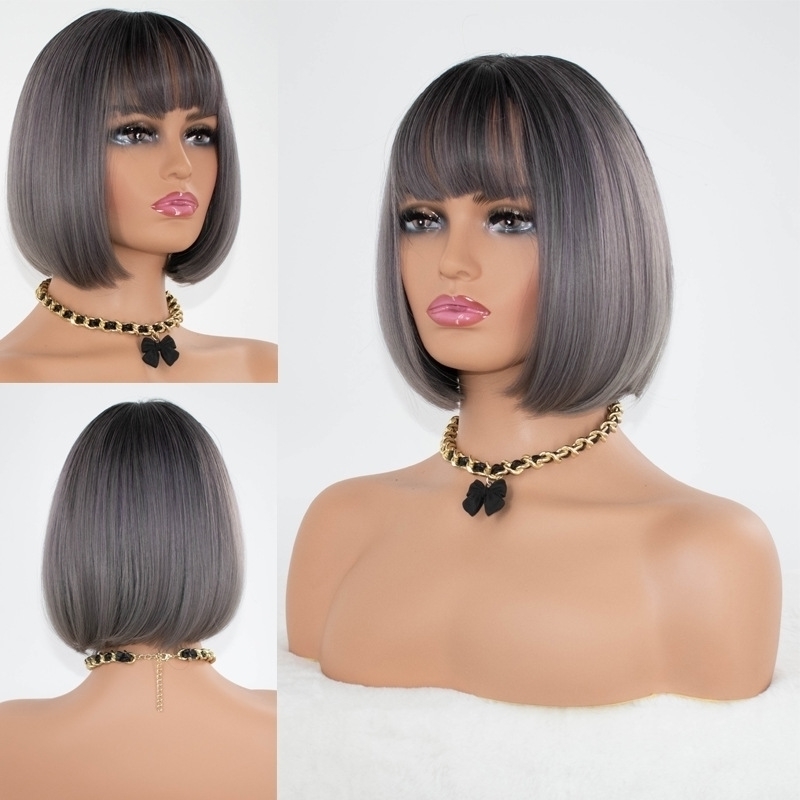 

fashion female short Wig Bobo student round face full head cover natural inside buckle straight hair, Gray