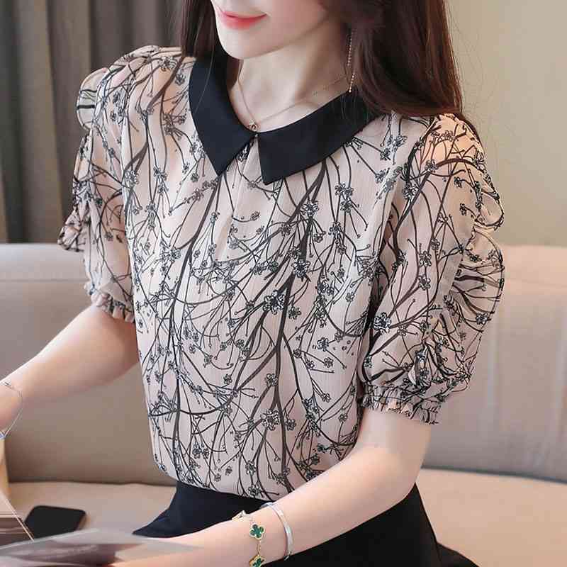 

Blouse Women Print Chiffon Blouse Shirt Women Tops Summer Short Sleeve Tops Women Shirts Clothes Blusas Camisas Mujer D188 210602, Khaki