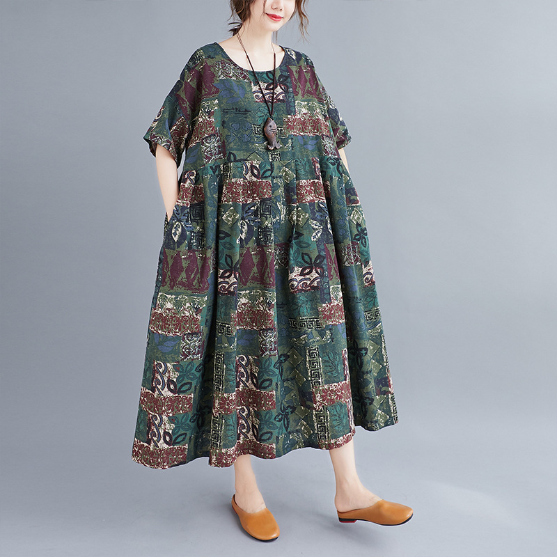 

Johnature Summer Korean Loose Retro Print O-neck Pockets Short Sleeve Fashion Dresses Comfortable Plus Size Women Dress 210521, Green