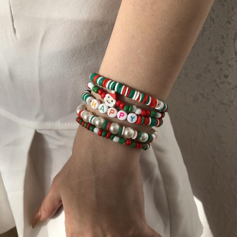 

Charm Bracelets Resin Santa Claus Tai Chi Flower Bracelet Set For Women Boho Handmade Elastic Polymer Clay Beads Hand Jewelry, Golden;silver