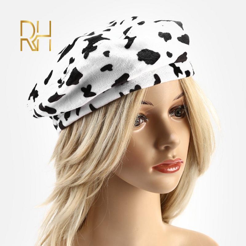 

Fashion Zebra Striped Beret Hats Women Men Autumn Outdoor Street Flat Top Pumpkin Caps Headwear Boinas Para Mujer RH Berets, Cow print