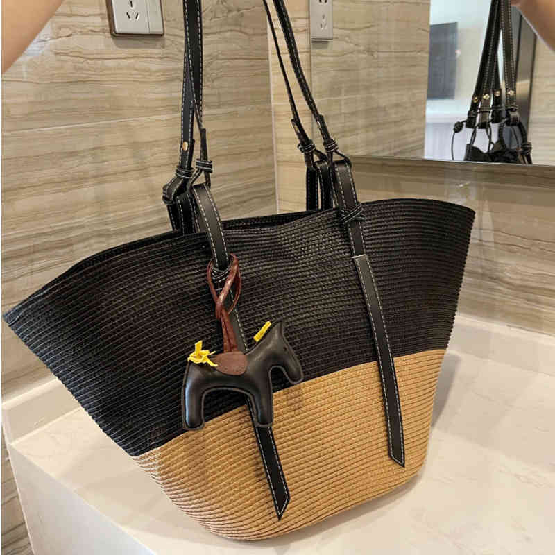 

Handmade Designer Straw Herme Luxury Basket Bag Color Contrast Splicing Large Capacity One Shoulder Portable Shopping Holiday Beach TopFG3C