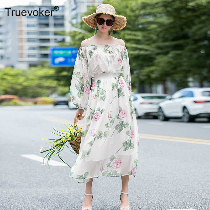 

Truevoker Designer Holiday Two-piece Set Women' Off The Shoulder Print Chiffon Crop Top + Midi Skirt Sets 210602, White