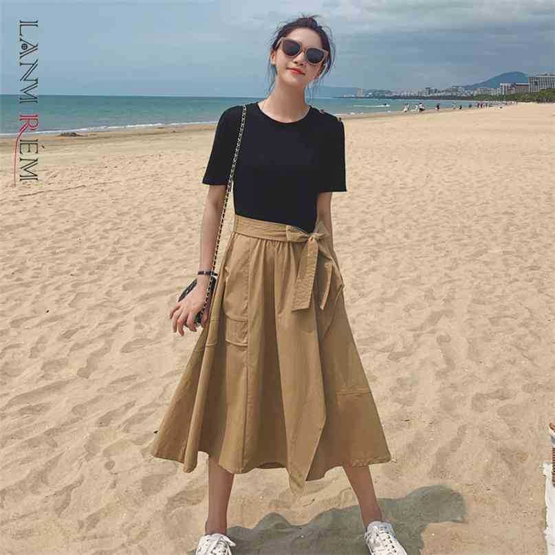 

Summer Dress For Women Patchwork Short Sleeve Round Neck Black And Khaki Color Stitching Dresses With Belt 2D1673 210526, Picture color