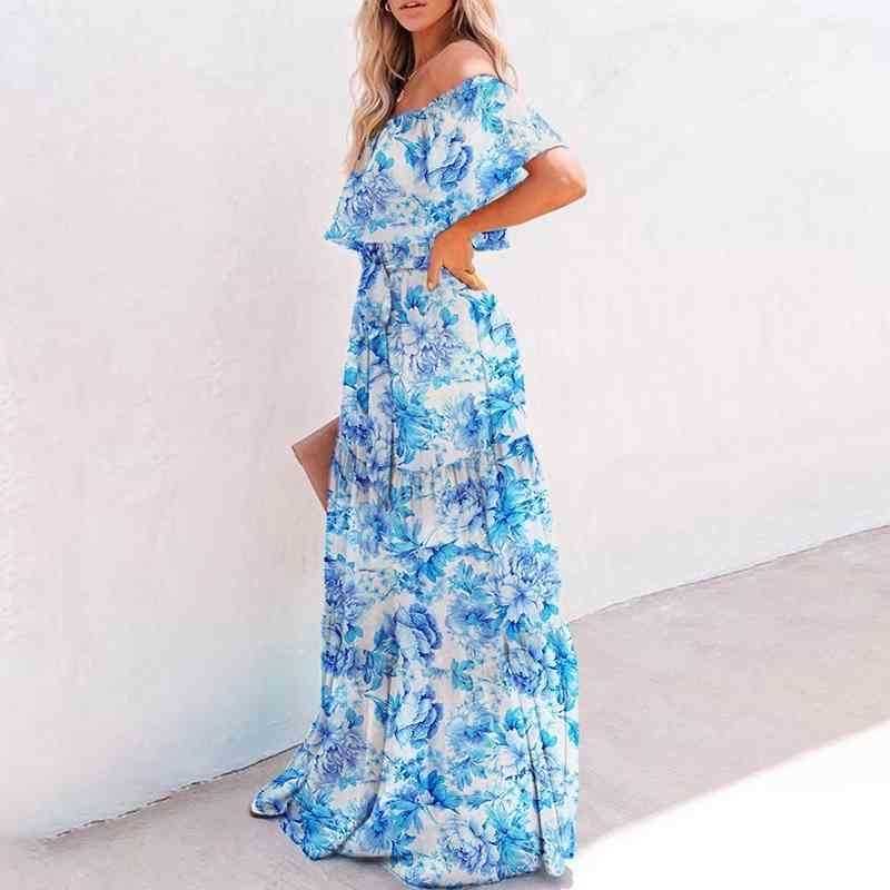 Multicolored Bohemian Ruffled Off Shoulder Self Belted Party Dress Cotton Tunic Women Plus Size Boho Maxi Dresses Vestidos A324 210324