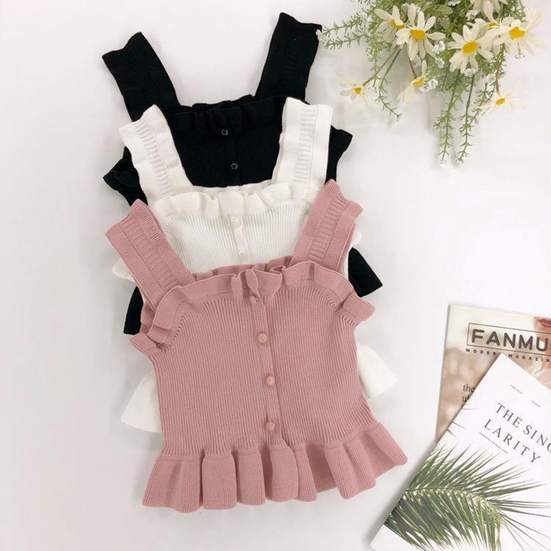 

Design Crop Top Women Summer Knitted Ruffle Top High waist Sexy Cropped Stretch Tank top Black White XS