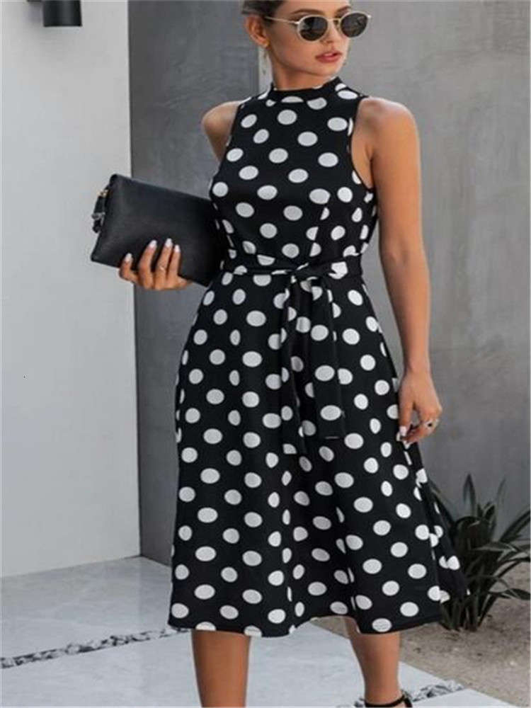 

Summer big wave point sleeveless dress long skirt, Black;gray