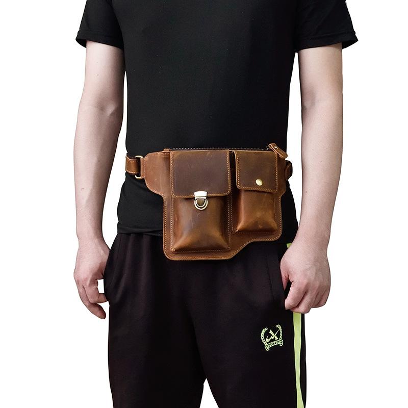 

Vintage Men's Waist Pack Genuine Leather Male Money Belt Bag Real Shoulder Messenger Phone Bags Zipper Pocket Mobile, Brown
