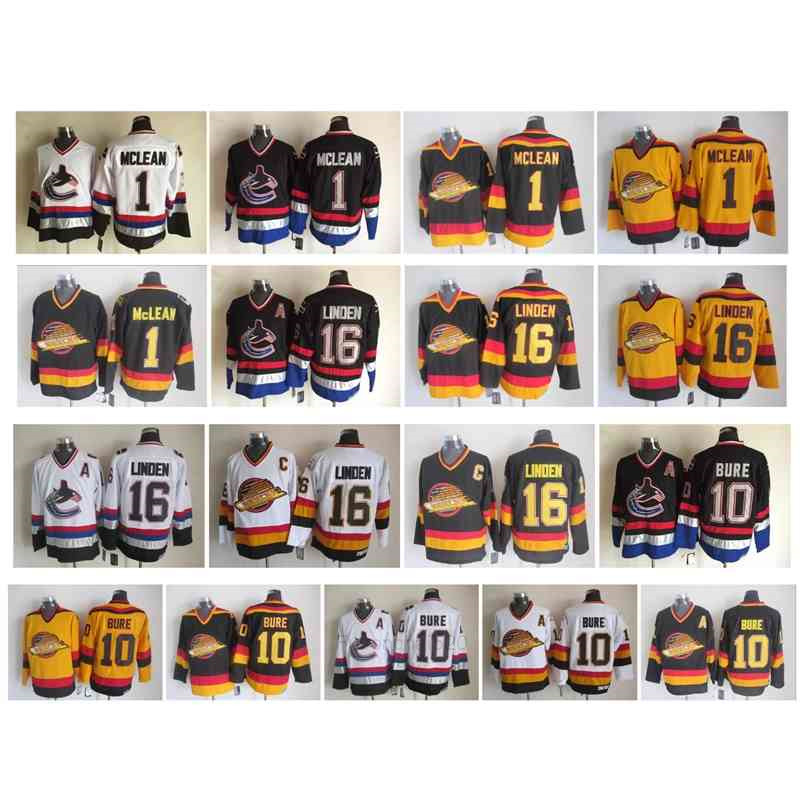 

Custom Vintage Vancouver Canucks Jersey 1 Kirk Mclean 10 Pavel Bure 16 Trevor Linden Black White Yellow Retro CCM Hockey Jerseys, Black;red