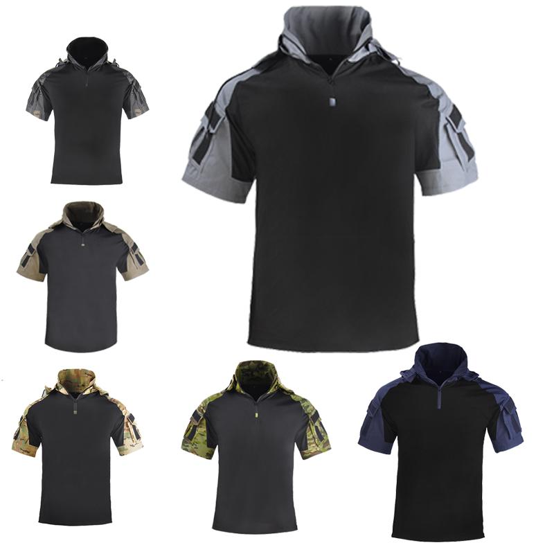 

Hunting T-Shirts Tactical Combat Men Short Sleeve Military Clothing Soldiers Army Hooded Solid Shirt Outwear Ripstop Quick Dry, Camo