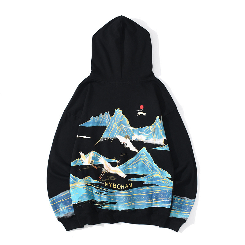 

men's hoodies & sweatshirts hooded retro-landscape hoodie printed couple's harajuku sweaters chinese style pullover hoodies hip ho, Black