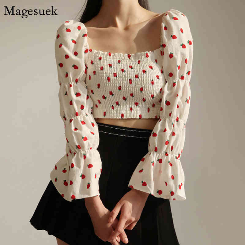 

Korean Chic Print Strawberry Woman Shirt Off Shoulder Puff Sleeve Vintage Blouse Women Clothes White Black Slash Neck Tops 14369 210518