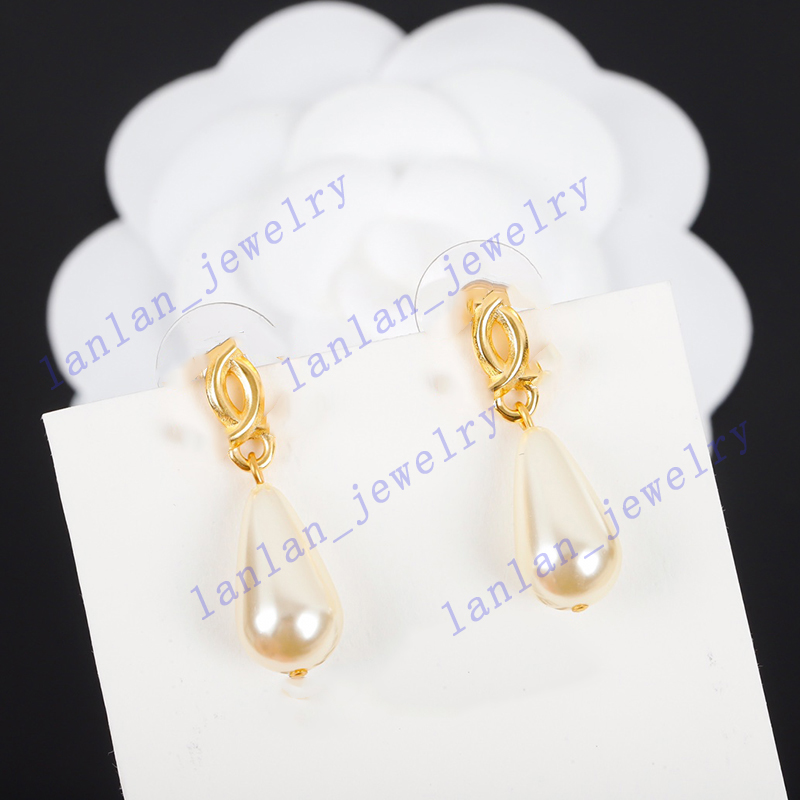 

Designer Stud Earrings Classic Double Letter Logo Water drop pearl 925 Silver needle with box L0-C40, Golden;silver