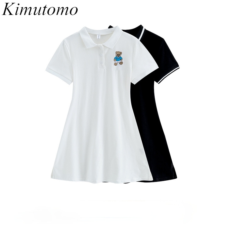 

Kimutomo Short Sleeve Embroidery Bear Dresses Summer Turn-down Collar Slim High Waist Solid Mini Vestido Sweet Preppy Style 210521, White