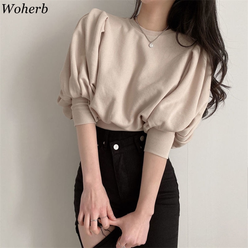 

Summer T-shirt Women Lantern Sleeve Fashion Woman Tshirts O-neck Casual All Match Elegant Korean Crop Tops Femme 210519, Orange red