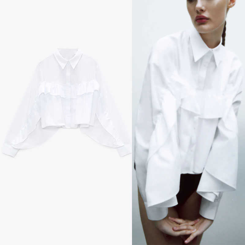 

ZA Ruffle Poplin White Cropped Shirt Women Long Sleeve Lapel Collar Vintage Top Feminine Fashion Soft Front Button Blouse 210602