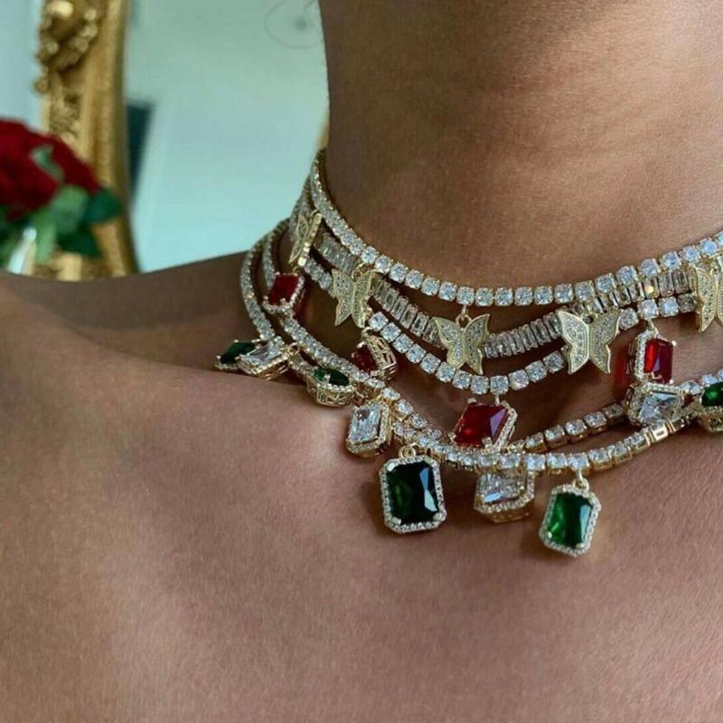 

Chokers Heart Arrow CZ Tennis Chain With Luxury Drip Butterfly Charm 32+10cm Choker Necklaces Iced Out Bling Multilayer Women Jewelry